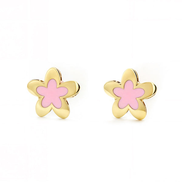 9ct Yellow Gold Pink Enamel Flower Children's Girls Earrings shine