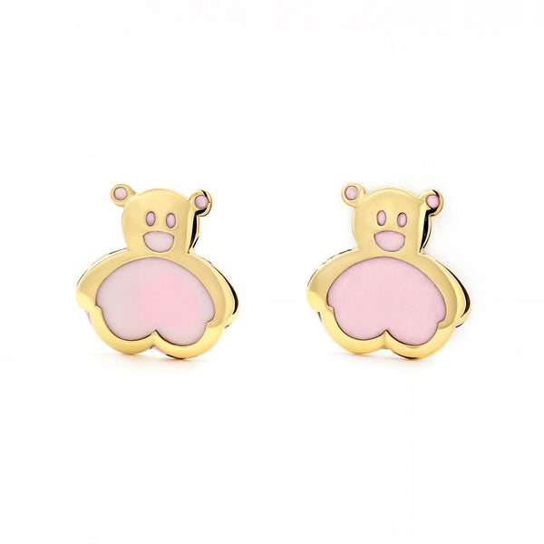 Pendientes Niña Oro Amarillo 9K Oso Esmalte Rosa Brillo