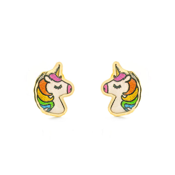 Pendientes Niña Oro Amarillo 18K Unicornio Esmalte Multicolor Brillo