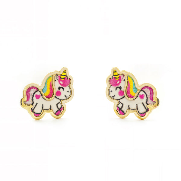 Pendientes Niña Oro Amarillo 18K Unicornio Esmalte Multicolor Brillo