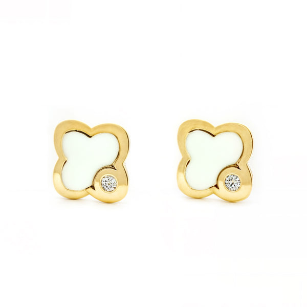 Pendientes Bebe-Niña Oro Amarillo 9K Nacar Trebol Circonita Brillo