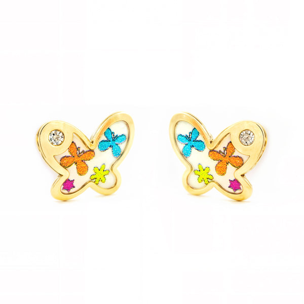 9ct Yellow Gold Multicolored enamel Butterfly Cubic Zirconia Children's Baby Girls Earrings shine