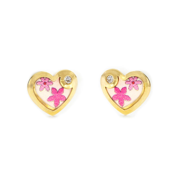 Pendientes Bebe-Niña Oro Amarillo 9K Corazón Esmalte Multicolor Circonita Brillo