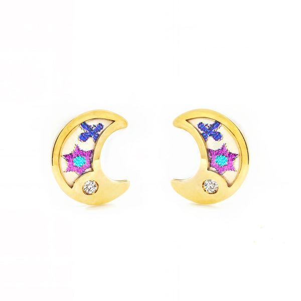 Pendientes Niña Oro Amarillo 9K Luna Esmalte Multicolor Circonita Brillo