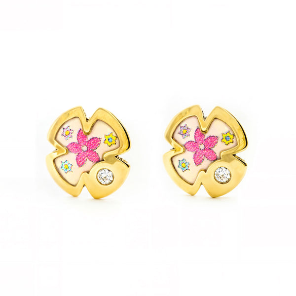 Pendientes Bebe-Niña Oro Amarillo 9K Cruz Esmalte Multicolor Circonita Brillo
