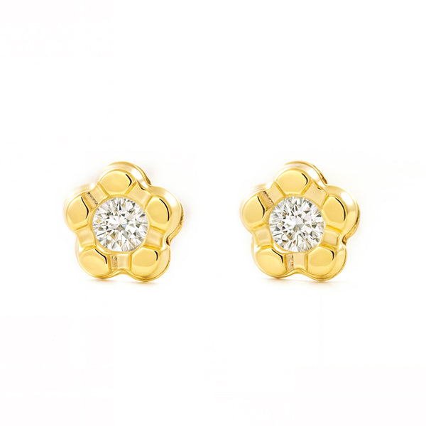 Pendientes Bebe Oro Amarillo 9K Flor Margarita Circonita Brillo