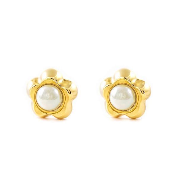 Pendientes Bebe-Niña Oro Amarillo 9K Perla Redonda 2,5 mm Flor Margarita Brillo