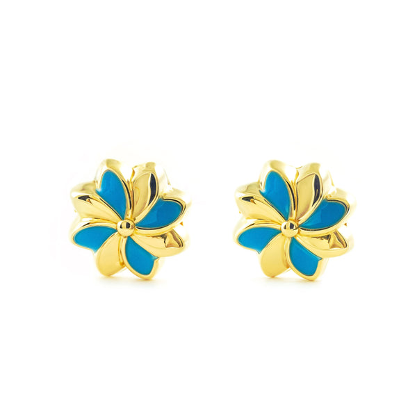 Pendientes Niña Oro Amarillo 18K Flor Esmalte Azul Brillo