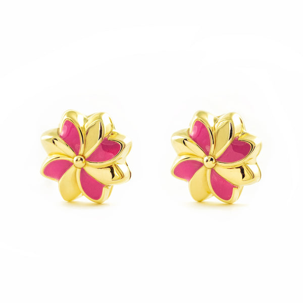 Pendientes Niña Oro Amarillo 9K Flor Esmalte Rosa Brillo