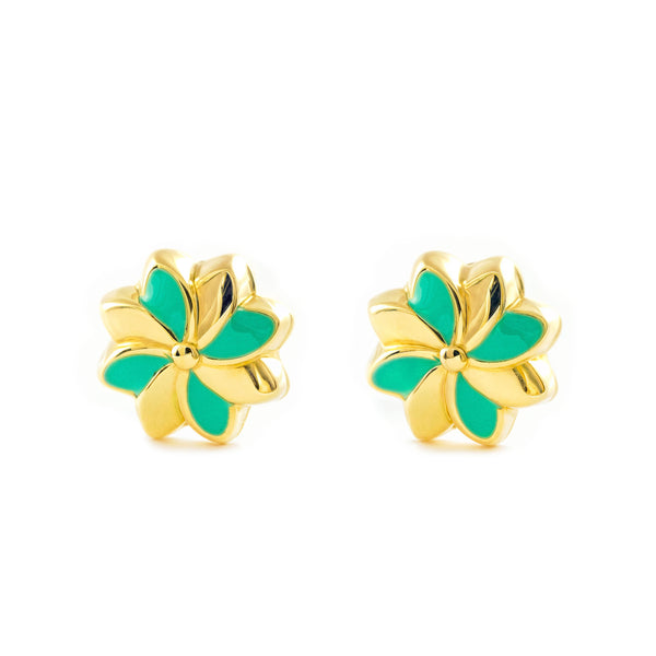 Pendientes Niña Oro Amarillo 9K Flor Esmalte Verde Brillo