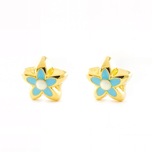 18ct Yellow Gold Blue Enamel Flower Children's Girls Earrings shine