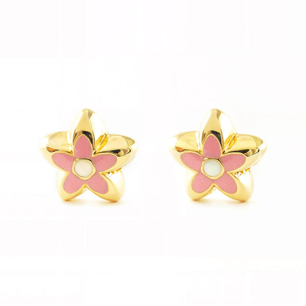 18ct Yellow Gold Pink Enamel Flower Children's Baby Girls Earrings shine