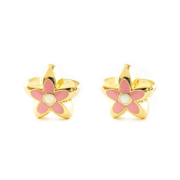 Pendientes Bebe-Niña Oro Amarillo 18K Flor Esmalte Rosa Brillo