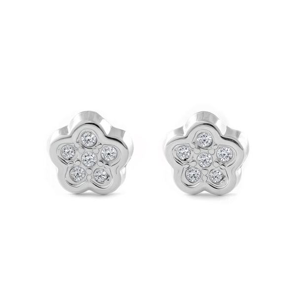 9ct White Gold Flower Cubic Zirconias Children's Baby Girls Earrings shine
