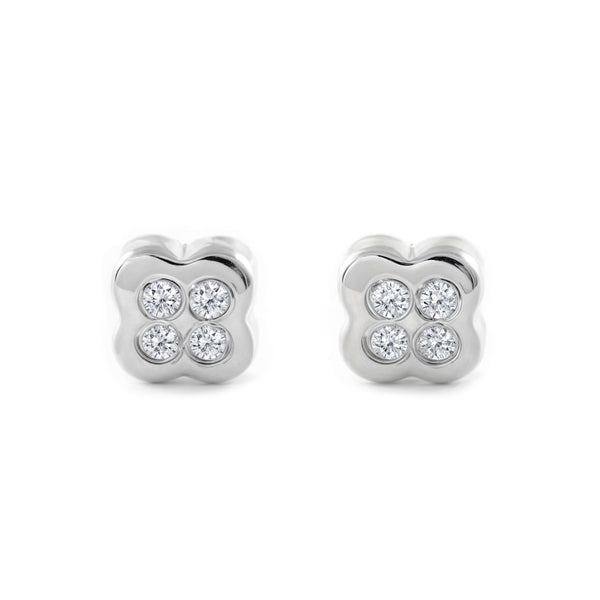 Pendientes Bebe Oro Blanco 18K Flor Circonitas Brillo