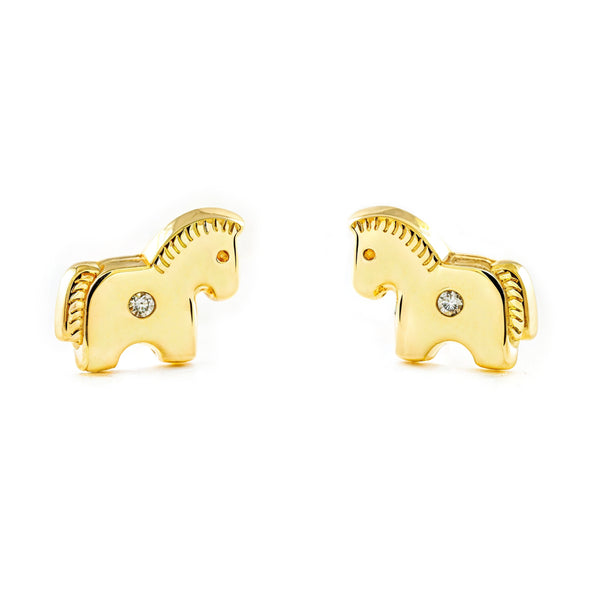9K Yellow Gold Plain Horse Cubic Zirconia Shine Girl's Earrings