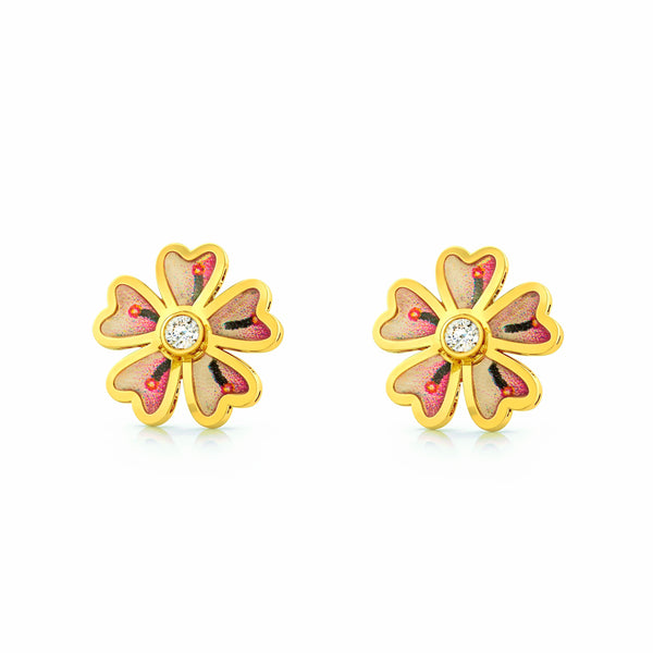 9ct Yellow Gold Multicolor Enamel Flower Zirconia Girls children's Earrings shine