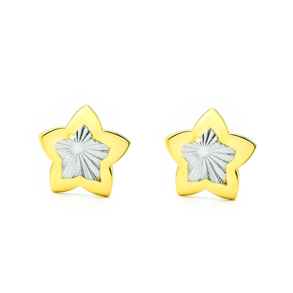 9ct Two-tone Gold Star Textured Children's Girls Earrings