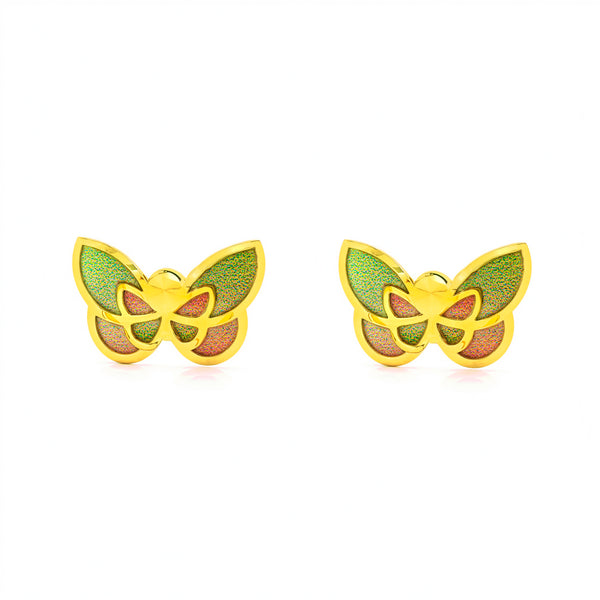 Pendientes Niña Oro Amarillo 9K Mariposa Esmalte Multicolor Brillo