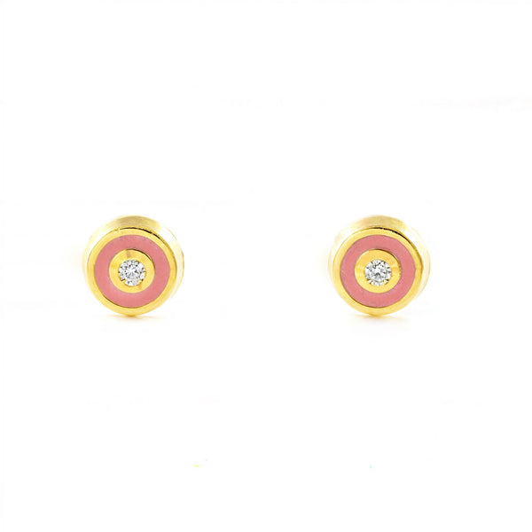 9K Yellow Gold Round Light Pink Enamel Baby-Girl Earrings Shine