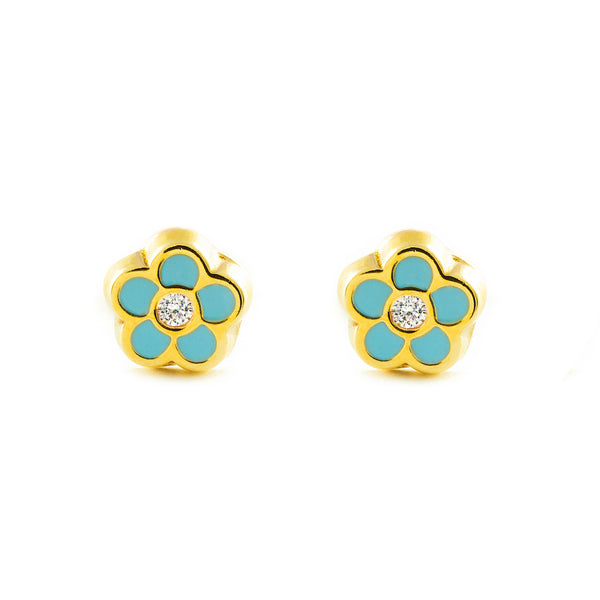 9K Yellow Gold Baby-Girl Daisy Flower Blue Enamel Shine Earrings