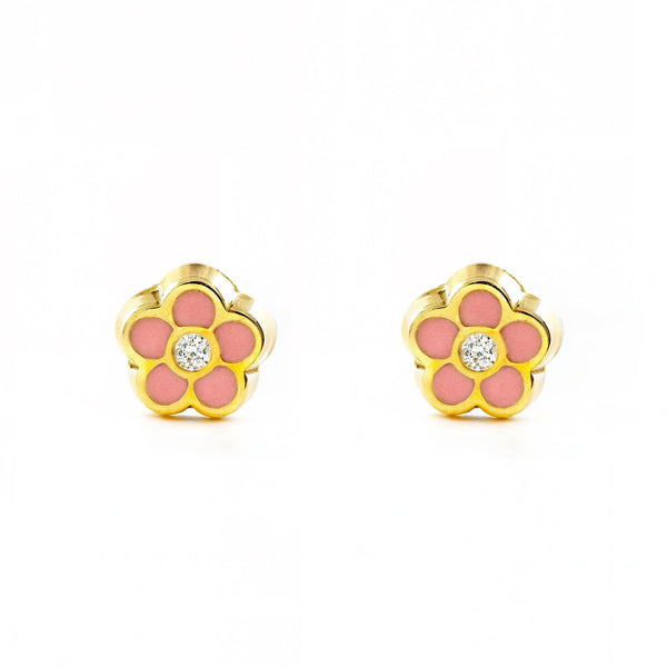 9K Yellow Gold Baby-Girl Flower Daisy Light Pink Enamel Shine Earrings