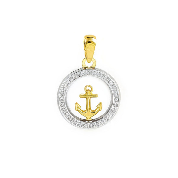 9K Two-Color Gold Round Anchor Cubic Zirconia Shine Pendant for Women-Girls