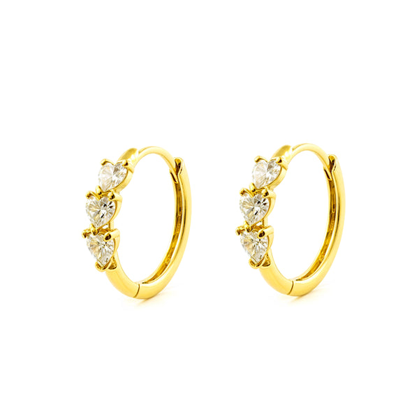 Pendientes Oro Amarillo 9K Aros Redondo Corazones Circonita Brillo 14,5 x 3 mm