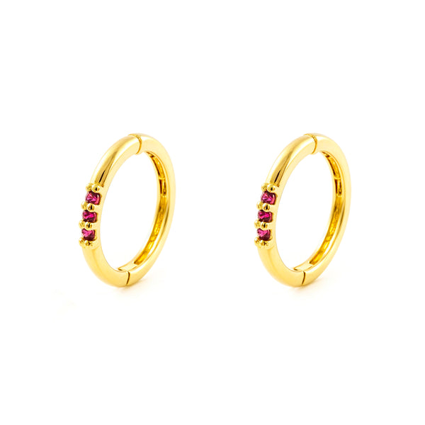 Pendientes Oro Amarillo 9K Aros Redondo Rubies Preciosos Sintéticos Brillo 10 x 1,15 mm