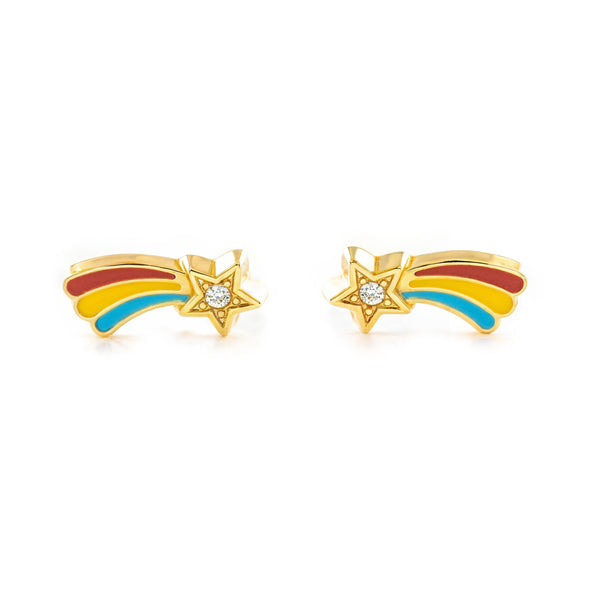9K Yellow Gold Girls' Star Shooting Enamel Multicolor Cubic Zirconia Shine Earrings