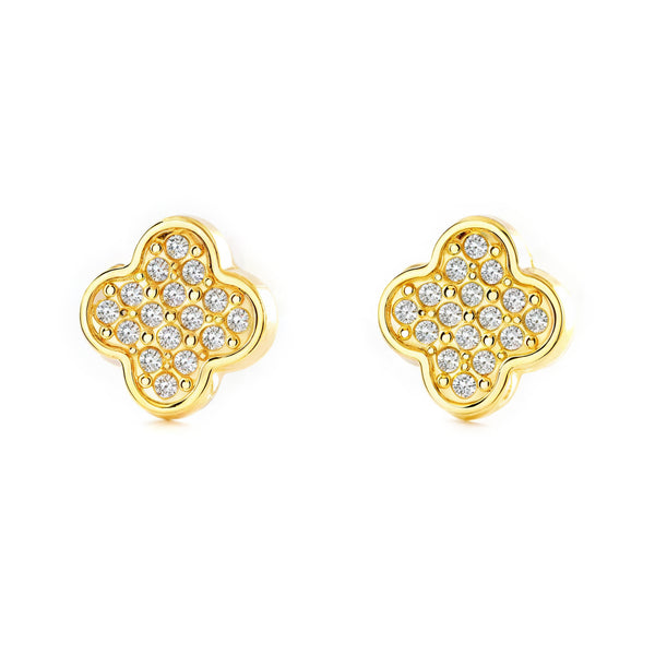 9K Yellow Gold Women-Girl Four-Leaf Clover Cubic Zirconia Shine Earrings
