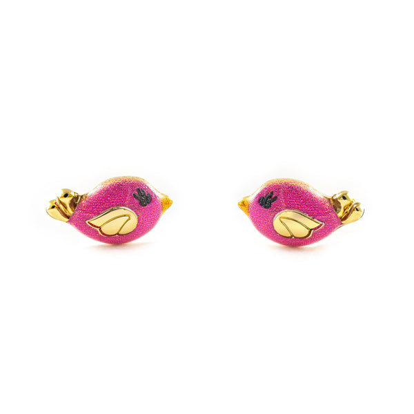 9K Yellow Gold Intense Pink Enamel Bird Girl's Earrings Shine