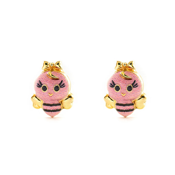9K Yellow Gold Bee Light Pink Enamel Shine Girl's Earrings