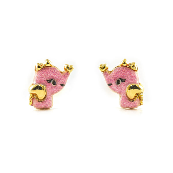 9K Yellow Gold Elephant Pink Enamel Shine Girl's Earrings