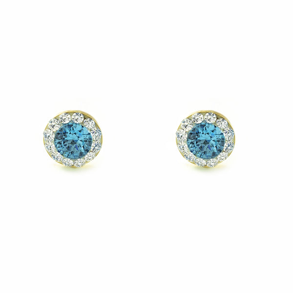 9ct Yellow Gold Round Zirconia and Aquamarine Shine Women's Girls Earrings