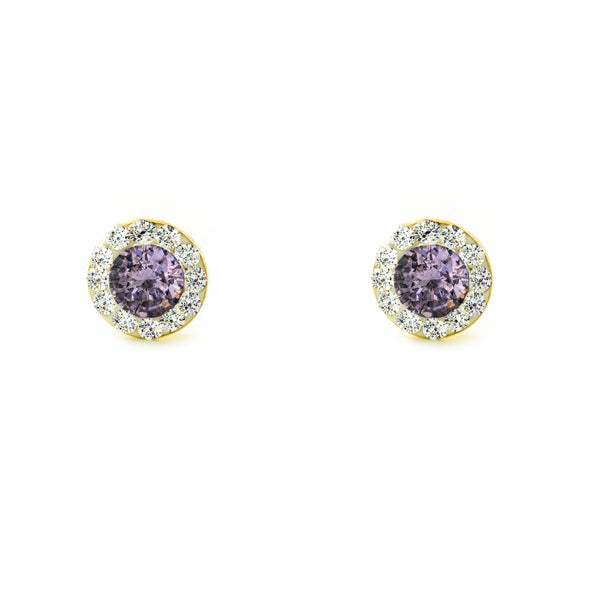 9ct Yellow Gold Round Zirconia and Amethyst Women's Girls Earrings Shine