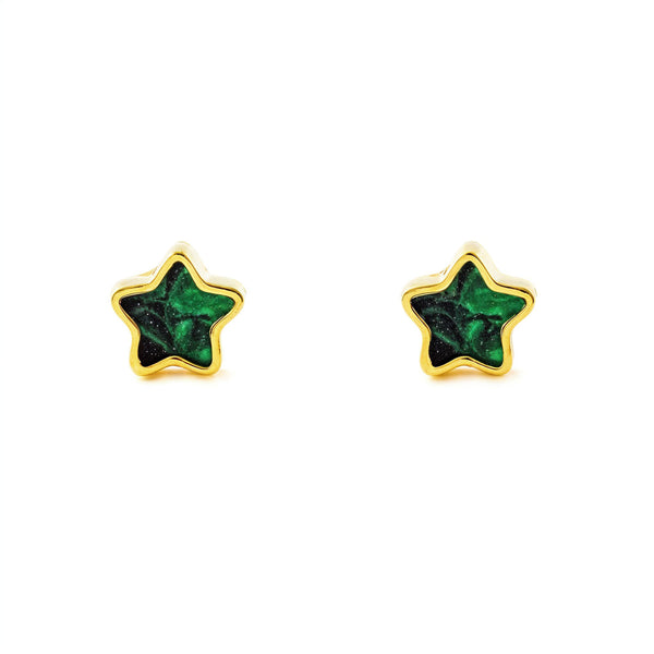 Pendientes Oro Amarillo 9K Estrella Malaquita Brillo