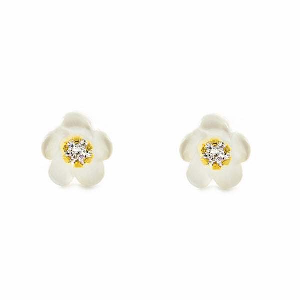 18ct Yellow Gold Mother of Pearl Flower Cubic Zirconia Girls Earrings shine