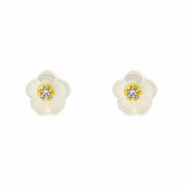 9ct Yellow Gold Mother of Pearl Flower Cubic Zirconia Girls Earrings shine