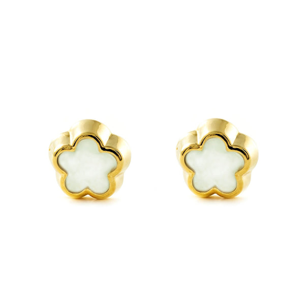 Pendientes Oro Amarillo 9K Nacar Flor Margarita Brillo