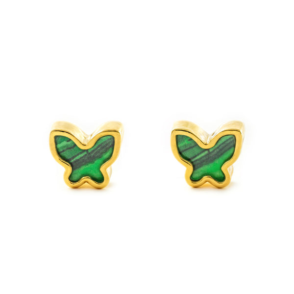 Pendientes Oro Amarillo 9K Mariposa Malaquita Brillo