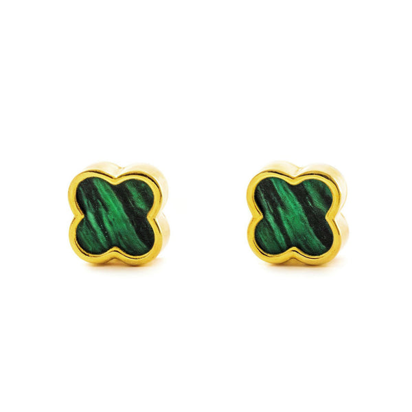 Pendientes Oro Amarillo 9K Cuatrebol Malaquita Brillo