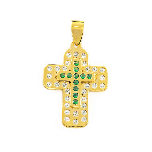 Cruz Oro Amarillo 9K Pequeña Rectangular Esmeraldas preciosas sintéticas Brillo 22 x 14,5 mm