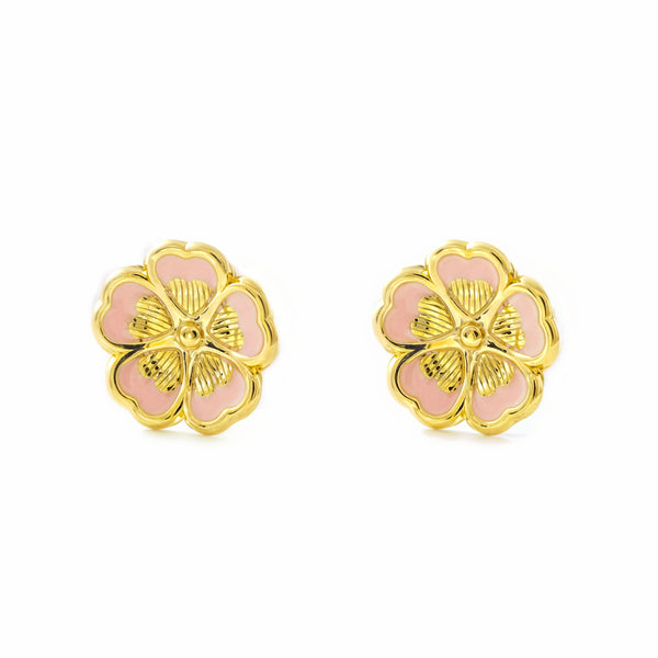 Pendientes Niña Mujer oro Amarillo 9K Flor Esmalte Rosa Brillo y Textura