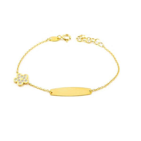 Pulsera Niña Oro Amarillo 9K Personalizada Esclava Flor Margarita Circonita Brillo 14 cm