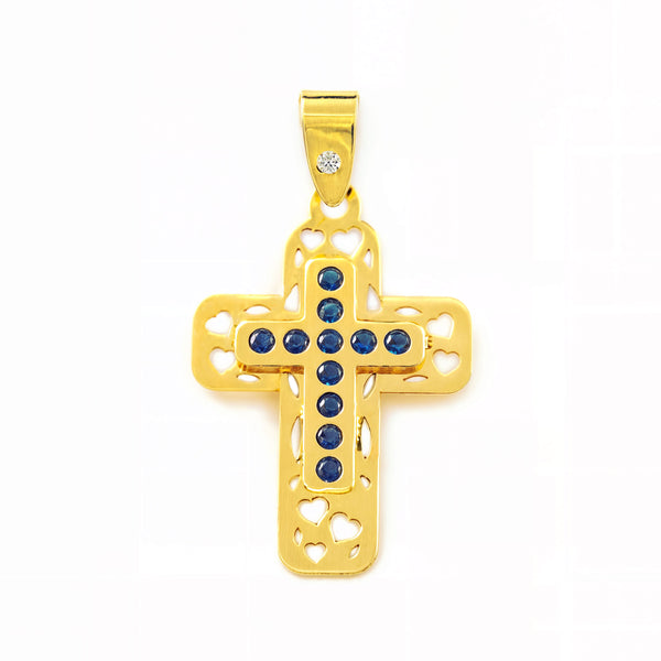 Cruz Oro Amarillo 9K Rectangular Zafiros preciosas sintéticas Brillo 22 x 15 mm
