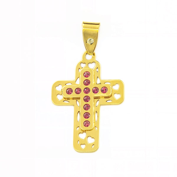Cruz Oro Amarillo 9K Rectangular Rubies preciosas sintéticas Brillo 22 x 15 mm