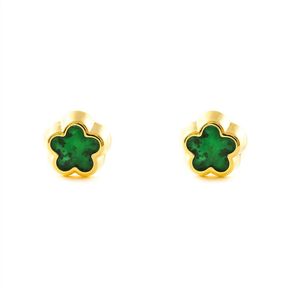 Pendientes Oro Amarillo 9K Flor Margarita Malaquita Brillo