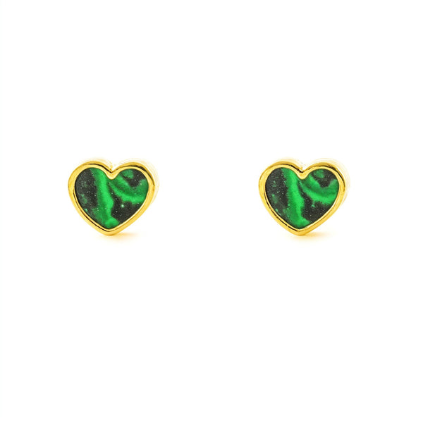 Pendientes Oro Amarillo 9K Corazón Malaquita Brillo