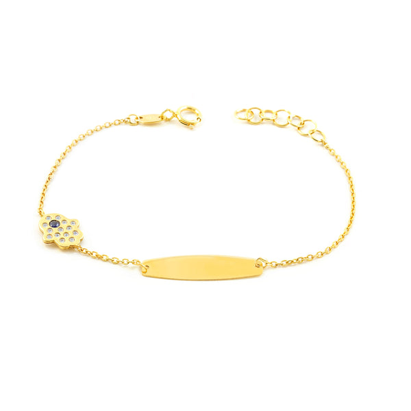 Pulsera Niña Oro Amarillo 9K Personalizada Esclava Mano Fatima Circonita Brillo 14 cm